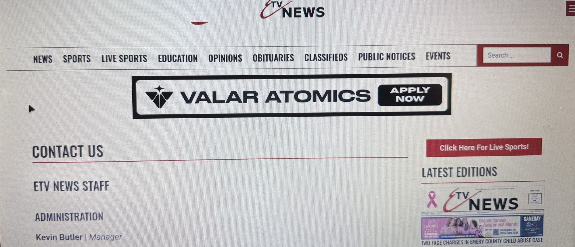 ETV News's Contact Us page lists Kevin Butler as its manager, with a Valar Atomics "Apply now" ad above, Oct. 10, 2026.