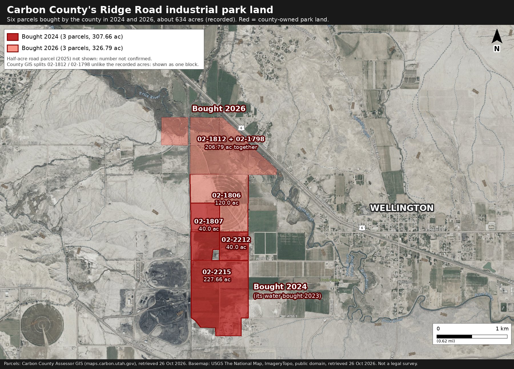 The six parcels Carbon County bought for its Ridge Road industrial park: three in 2024 (dark red) and three in 2026 (light red), about 634 acres as recorded by the county assessor. The half-acre road parcel is not shown.